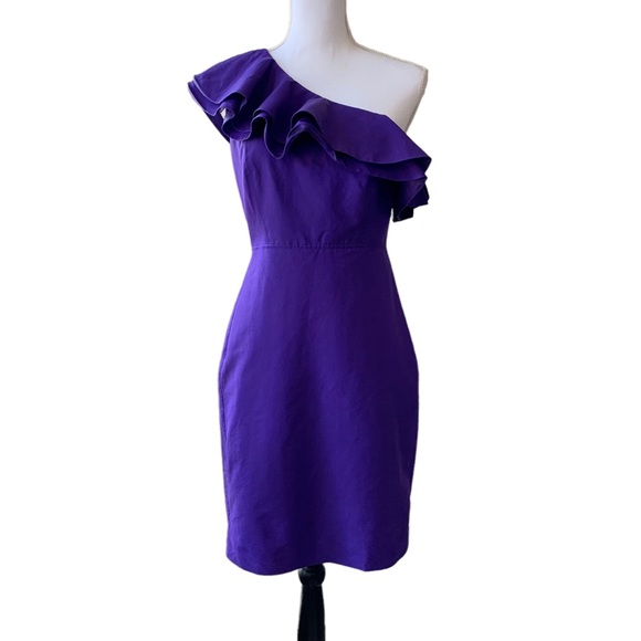 J CREW FAILLE ONE SHOULDER RUFFLE COCKTAIL DRESS IN ATLAS PURPLE - Picture 3 of 16